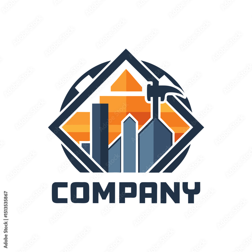 Fototapeta premium Construction Company Logo with hammer and building elements vector