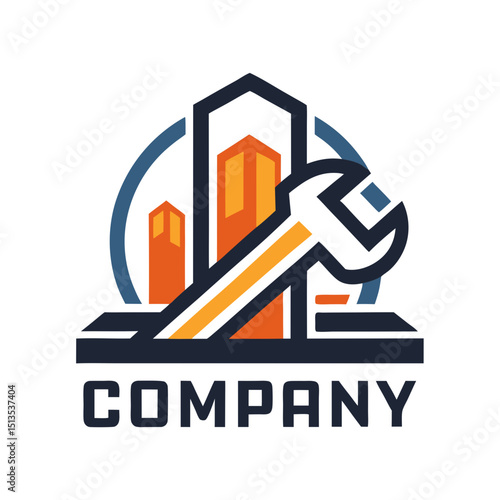 Modern construction logo with building and wrench graphic element
