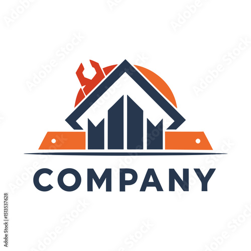 Company logo featuring building structure, repair tool, text below