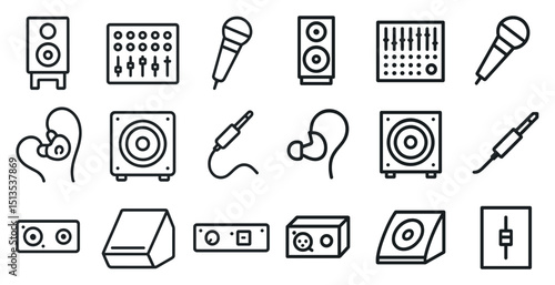 Audio equipment outline icons set – sound, music, headphones and amplifier symbols