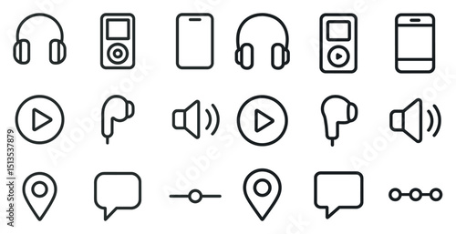 Music and audio outline icons set – line, sound, headphones, player symbols