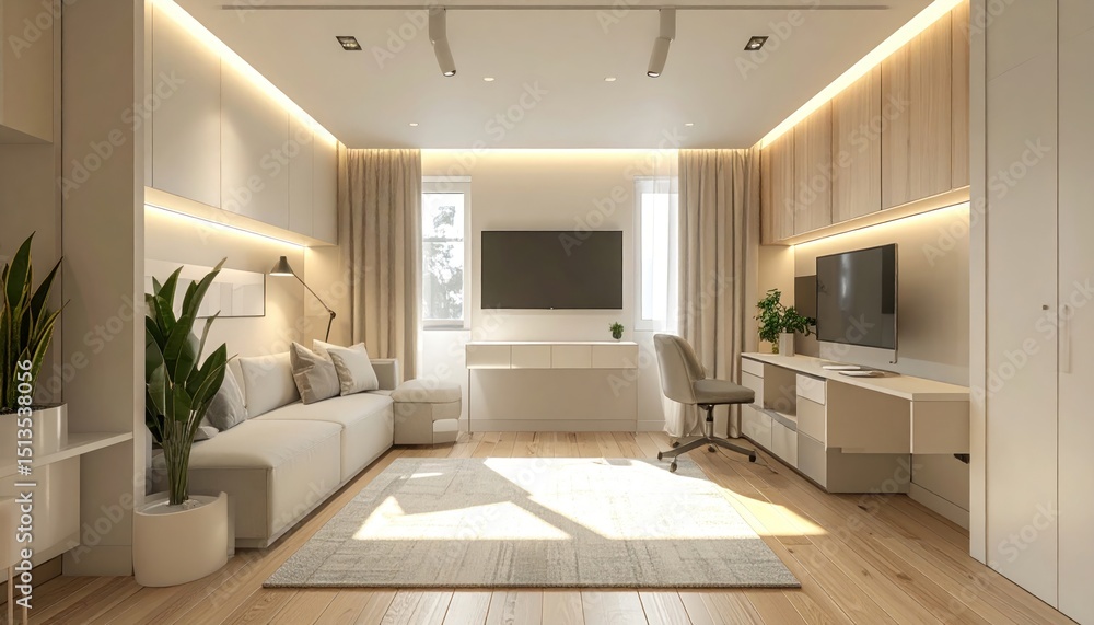 Fototapeta premium Serene interior showcasing modern living room design with functional workspace