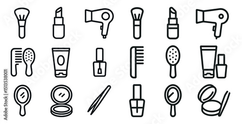 Beauty and makeup outline icons set – linear, cosmetics, grooming symbols