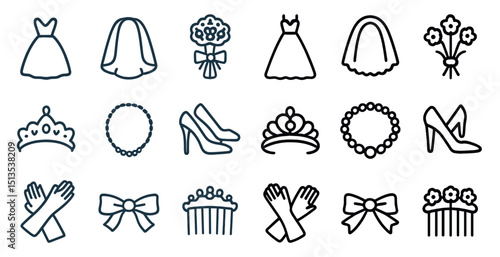 Wedding and bridal outline icons set – line, marriage, ceremony symbols