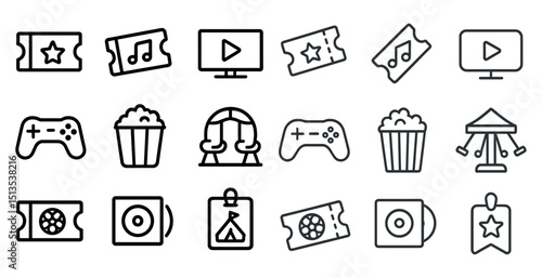 Entertainment icons set featuring tickets, media, and games