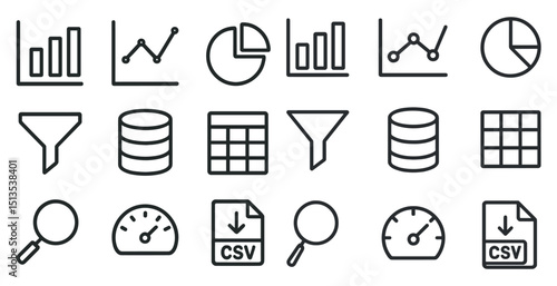 Data analysis and metrics icons set – outline, flat, analytics and chart symbols