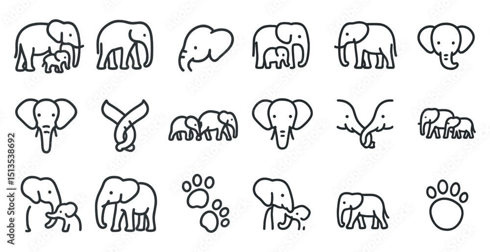 Elephant and wildlife icons set – outline, linear, animal and nature symbols Elephant and wildlife icons set – outline, linear, animal and nature symbols