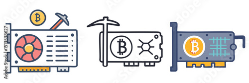GPU mining bitcoin icon set. Features graphics cards, pickaxes, and Bitcoin symbols. For cryptocurrency mining, blockchain technology, and crypto farm concepts.