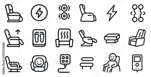Relaxation and comfort icons set – linear, outline, leisure and recline symbols