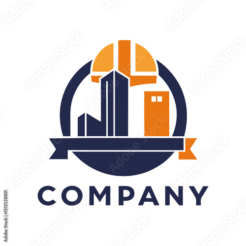 Construction company logo with building and safety helmet