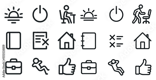 Daily routine linear icons set – outline, lifestyle, productivity symbols