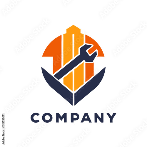 Construction and repair company logo with building and wrench