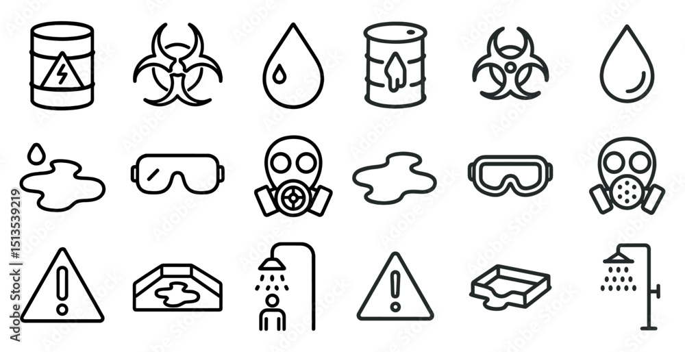 Fototapeta premium Hazard and safety outline icons set – solid, linear, warning and protection symbols