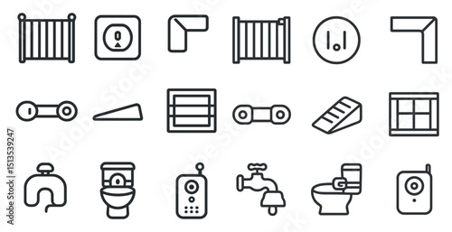 Plumbing and bathroom outline icons set – pipe, toilet, faucet vector graphics