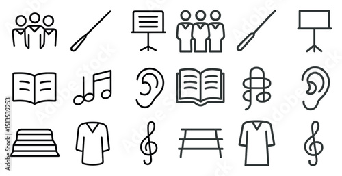 Music and choir outline icons set – linear, music symbols, choral elements