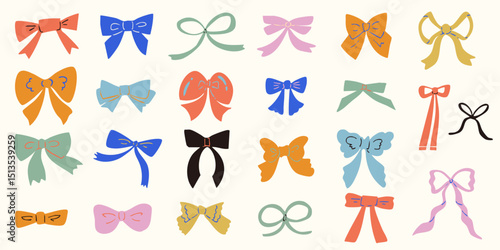 かわいい手書きのリボンのイラストセット　ベクター カラー