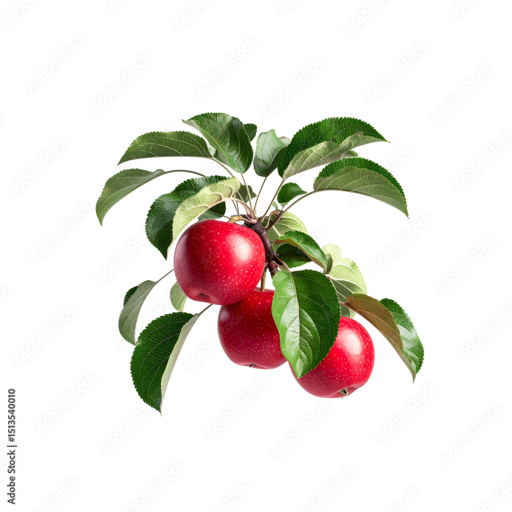 Obraz premium Red apples on branch with lush green leaves isolated on transparent background