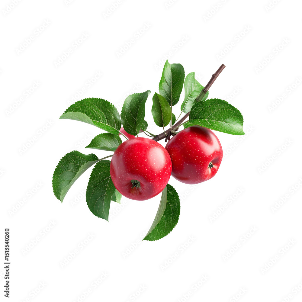 Obraz premium Two red apples on branch with lush green leaves tree on transparent background