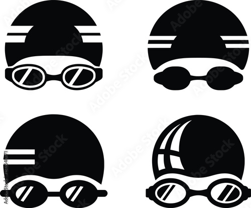 Swimmer Icons Silhouette Vector Set, Swim Cap and Goggles Clipart.