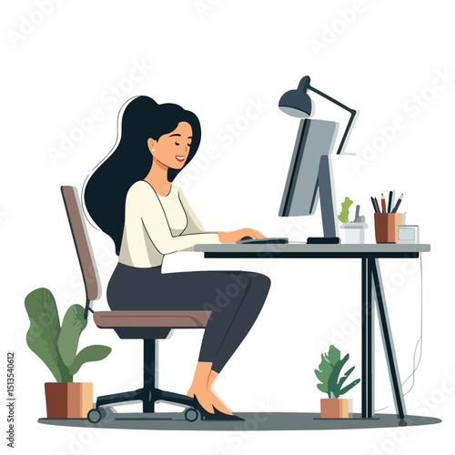 Professional Woman Using Computer Vector Illustration Isolated on White Background