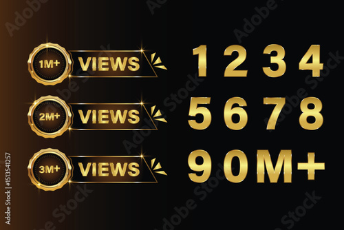 Set of 1 to 9 Million Views Gold Badges.1M Views,2M Views and 3M Views Celebration Logo Youtube Thumbnail Vector Design