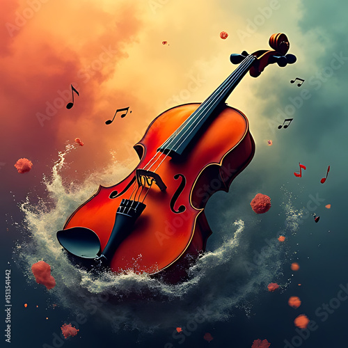 Wallpaper Mural Surreal composition of a floating violin surrounded by abstract musical waves and warm colorful tones designed for visual harmony Torontodigital.ca