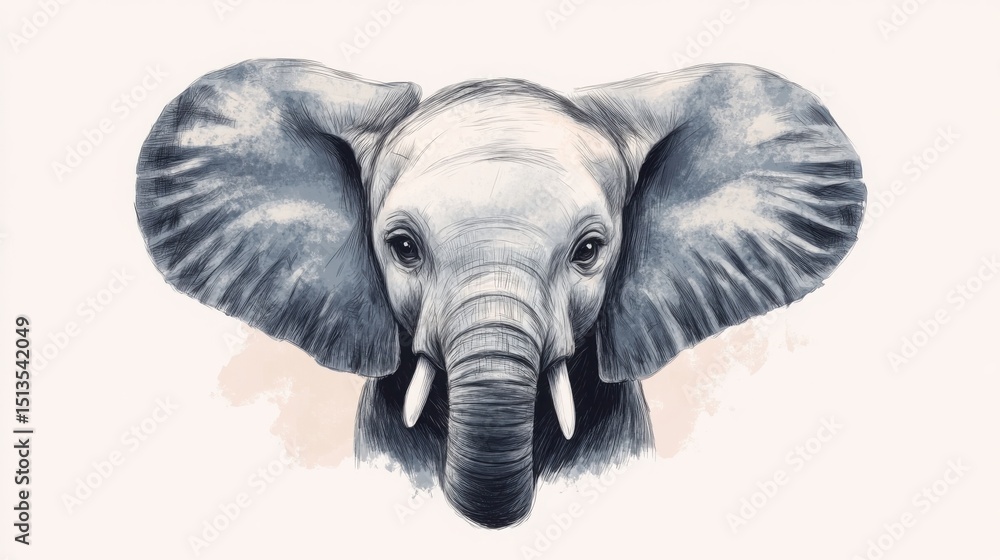 Fototapeta premium A detailed black and white sketch of an elephant's head with large ears and expressive eyes on a plain background.