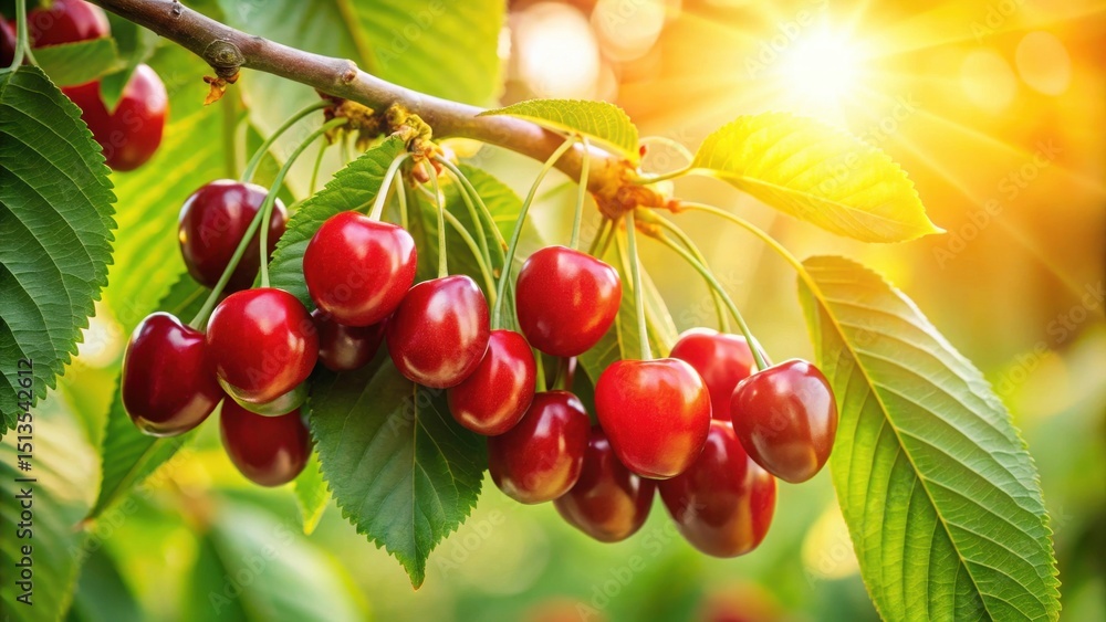Obraz premium A cluster of ripe red cherries hanging from a branch, bathed in the warm glow of sunlight, showcasing vibrant colors and lush green foliage