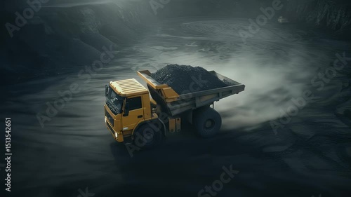 Heavy-Duty Mining Truck in Coal Mine, Industrial Scene
