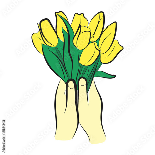 Hands Holding Yellow Tulips. Colorful Spring Floral Illustration
