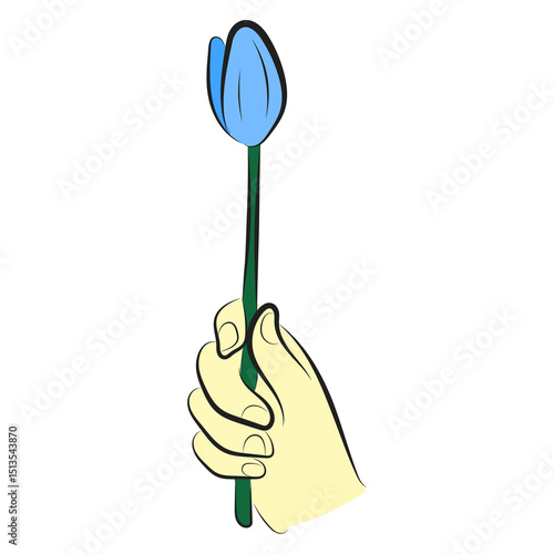 Blue Tulip in Hand. Minimalist Flower Vector Illustration