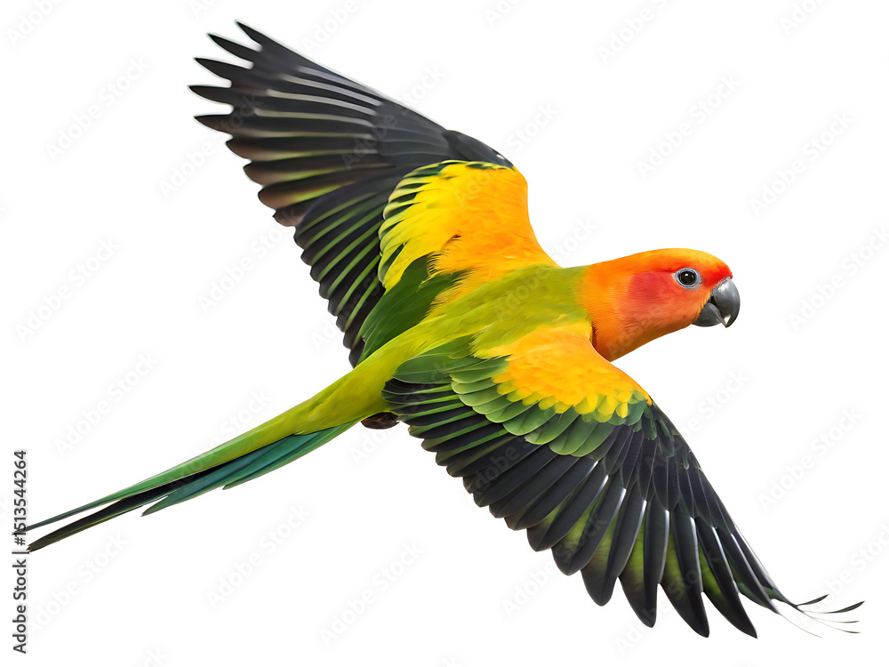 Fototapeta premium A vibrant sun conure parrot in mid flight with wings spread wide against a white background close up view