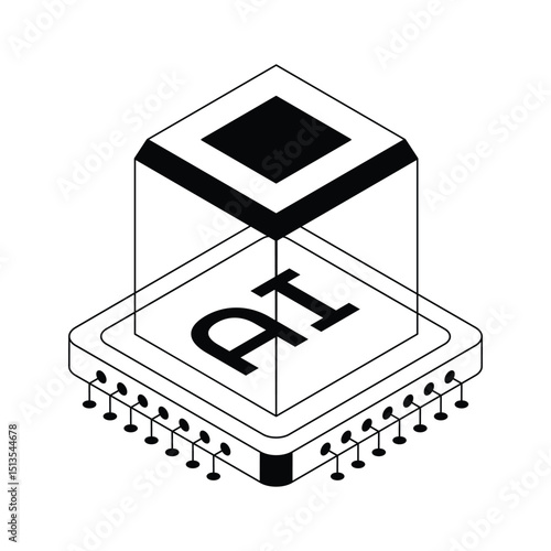 An amazing isometric outline icon featuring futuristic ai chip
