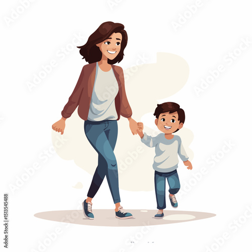 Joyful Mother and Son Standing on White Background Illustration for Family Bonding Concept
