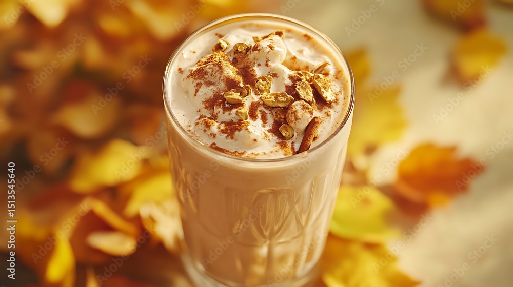 An autumn inspired milkshake with cinnamon and nutmeg golden leaves in the background An autumn inspired milkshake with cinnamon and nutmeg golden leaves in the background
