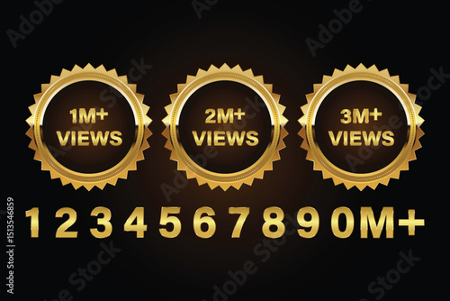 Set of 1 to 9 Million Views Gold Badges.1M Views,2M Views and 3M Views Celebration Logo Youtube Thumbnail Vector Design.Thank you congratulation 