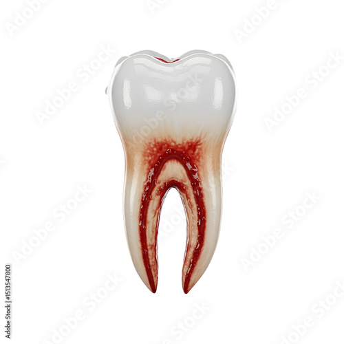 3D extracted tooth with realistic bloody root and wet surface showing dental detail on transparent background