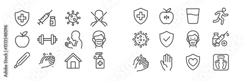 Health and wellness icons representing vaccination, fitness, hygiene, and disease prevention in a clear layout