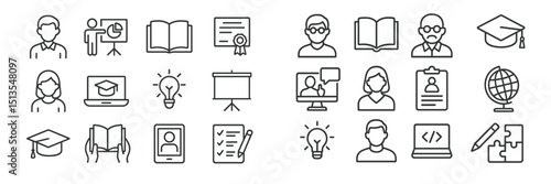 Educational icons representing learning, assessment, and graduation activities in a modern setting