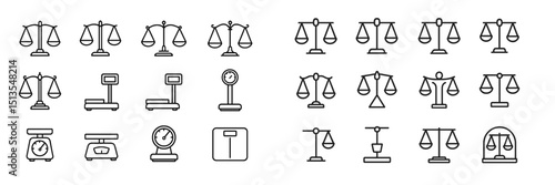 Collection of balanced scales and measuring instruments in minimalistic line art style
