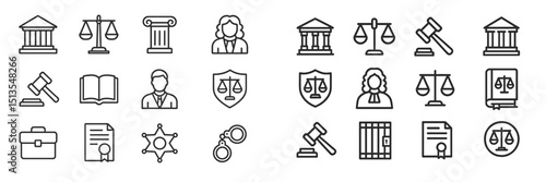 Legal symbols and icons representing justice, law, and order in a modern graphic style