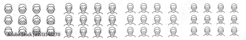 Collection of diverse face masks worn by individuals representing various expressions and styles in a health safety context