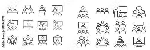 Various icons representing different types of meetings, presentations, and collaborative activities in a corporate setting