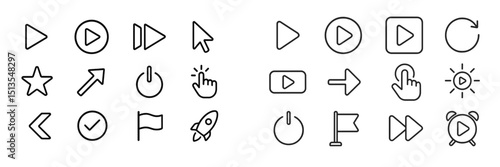 Collection of diverse multimedia icons in minimalist design with clickable elements for user interface applications