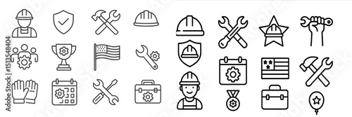 Construction and teamwork icons showcasing tools and safety gear in a minimalistic design for industrial and teamwork applications
