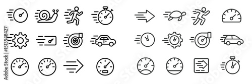 Icons representing speed concepts with various symbols related to time, movement, and efficiency displayed on a clean background