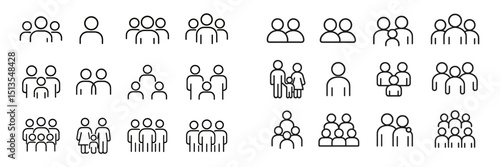 Collection of simple line icons representing groups of people interacting in various settings and scenarios