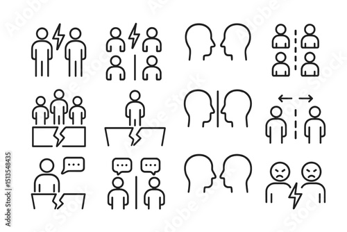 Conflict and communication icons depicting various forms of disagreement and resolution in social interactions