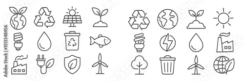 Collection of eco-friendly and sustainability icons depicting renewable energy, recycling, and environmental conservation symbols