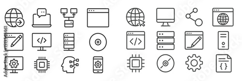 Various technology icons representing digital communication, computing, and data management on a minimalist background